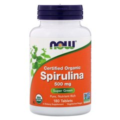 Спирулина, Spirulina, Now Foods, сертифицированная, 500 мг, 180 таблеток