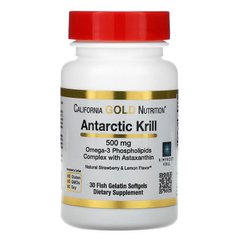 Масло антарктичного криля, Antarctic Krill, California Gold Nutrition, натуральний клубнично-лимонний смак 500 мг, 30 капсул