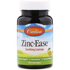 Цинк, Zinc Ease, Carlson Labs, вкус лимона, успокаивающий, 10 мг, 42 леденца