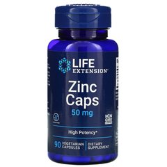 Цинк в капсулах, Zinc Caps High Potency, сильное действие, Life Extension, 50 мг, 90 капсул