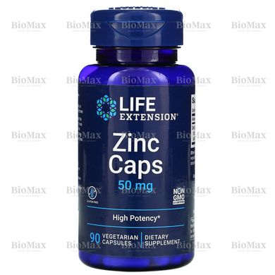 Цинк в капсулах, Zinc Caps High Potency, сильна дія, Life Extension, 50 мг, 90 капсул