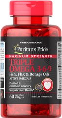 Омега 3 6 9, Omega 3-6-9 Fish, Puritan's Pride, олія льону та бораго, 60 капсул