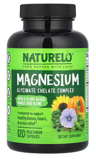 Магній хелат гліцинату з органічними овочами та насінням, Magnesium with Organic Veggies & Seeds, NATURELO, 200 мг, 120 вегетаріанських капсул