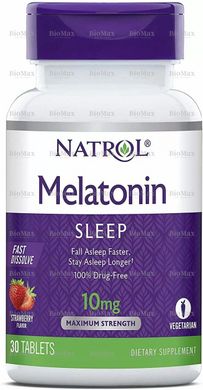 Мелатонін швидкорозчинний, Melatonin, Natrol, смак полуниці, 10 мг 30 таблеток