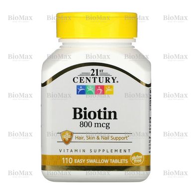 Биотин, Biotin, 21st Century, 800 мкг, 110 таблетки