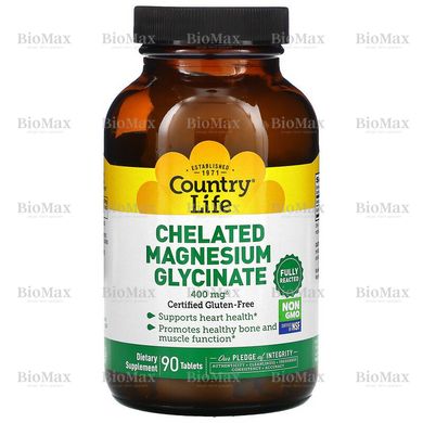 Магній гліцинат, Chelated Magnesium Glycinate, Country Life, 400 мг, 90 таблеток