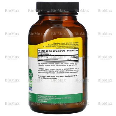 Магній гліцинат, Chelated Magnesium Glycinate, Country Life, 400 мг, 90 таблеток