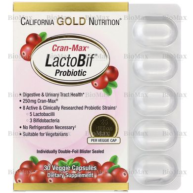 Пробиотики из клюквы, LactoBif Probiotics Cran-Max, California Gold Nutrition, 25 млрд, 30 капсул