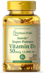 Витамин Д-3, Д3, Vitamin D-3, D3, Puritan's Pride, 2000 МЕ, 200 капсул