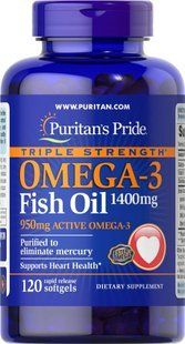 Омега-3 риб'ячий жир, Omega-3 Fish Oil, Puritan's Pride, 1400 мг (950 мг активного омега-3), 120 гелевих капсул