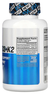 Витамин D3+K2, EVLution Nutrition, 125 мкг, 90 мкг, 60 капсул