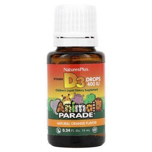 Вітамін D3 у краплях, Vitamin D3 Drops, Nature's Plus, Animal Parade, апельсиновий смак, 400 МО, 10 мл