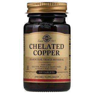 Мідь (Chelated Copper), Solgar, хелатна форма, 100 таблеток