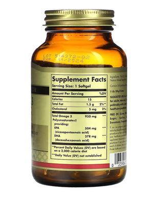 Рыбий жир, Омега 3, Omega 3, EPA DHA, Solgar, 950 мг, 50 капсул