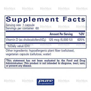 Витамин D3, Vitamin D3, Pure Encapsulations, 5,000 МЕ, 60 капсул