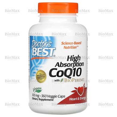 Легкоусвояемый Коэнзим Q10, High Absorption CoQ10 with BioPerine, Doctor's Best, 100 мг, 360 вегетарианских капсул
