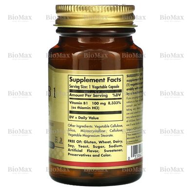 Вітамін B1, Тіамін, Vitamin B1, Solgar, 100 мг, 100 капсул