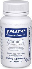 Витамин Д 3, Д-3, Vitamin D3, Pure Encapsulations, 1,000 МЕ, 60 капсул