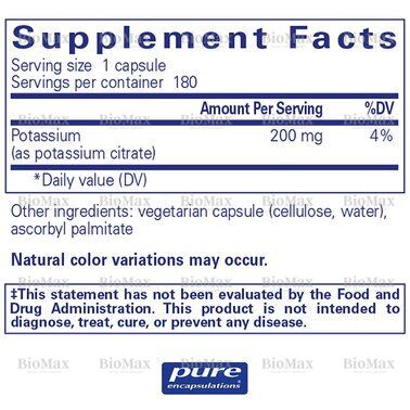 Калій цитрат, Potassium citrate, Pure Encapsulations, 200 мг, 180 капсул