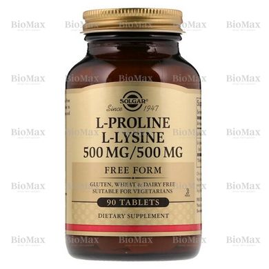 Пролін/Лізин, L-Proline/L-Lysine, Solgar, 500 мг/ 500 мг, 90 таблеток