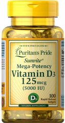Витамин Д-3, Д3, Vitamin D-3, D3, Puritan's Pride, 5000 МЕ, 100 капсул