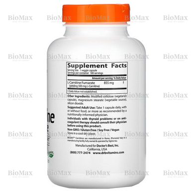 L-карнитин фумарат, L-Carnitine Fumarate with Biosint, Doctor's Best, 855 мг, 180 капсул