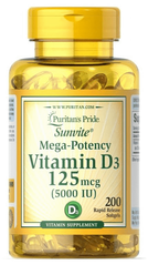 Витамин Д-3, Д3, Vitamin D-3, D3, Puritan's Pride, 5000 МЕ, 200 капсул