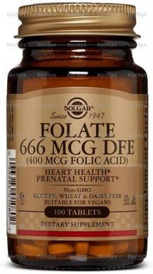 Фолієва кислота, Folate as Folic acid, Solgar, 400 мкг (666 мкг DFE), 100 таблеток