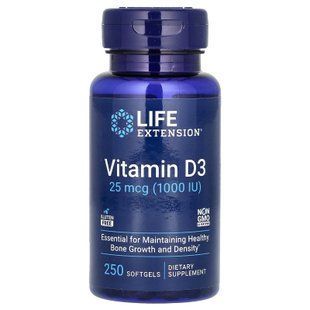 Вітамін D3, Vitamin D3, Life Extension, 25 мкг (1000 МО), 250 гелевих капсул