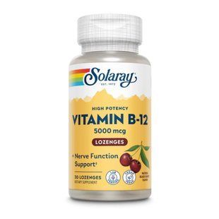 Витамин B12, Vitamin B-12, Solaray, 5000 мкг, со вкусом черной вишни, 30 леденцов