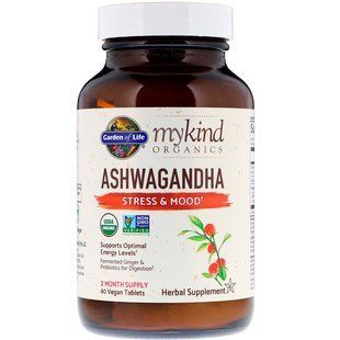 Ашваганда, Ashwagandha, Garden of Life, MyKind Organics, стрес та настрій, 60 веганських таблеток (600 мг на таблетку)