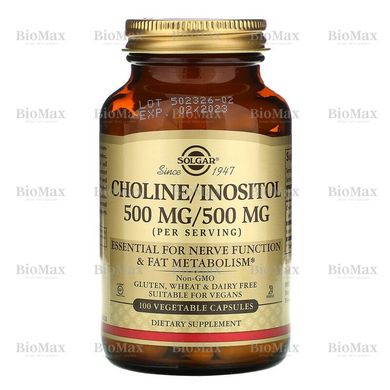 Холін та Інозітол, Choline / Inositol, Solgar, 500 мг/500 мг, 100 капсул