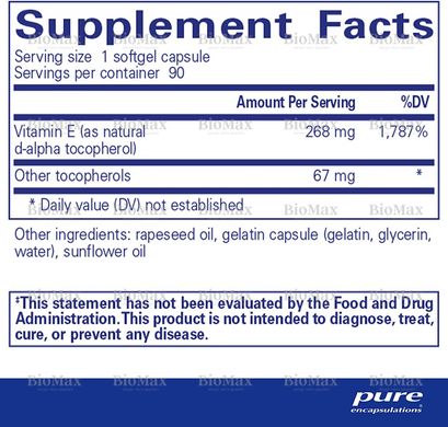 Вітамін Е, зі змішаними токоферолами, Vitamin E, Pure Encapsulations, 400 МО, 90 капсул