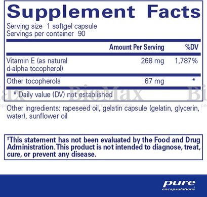 Витамин E, со смешанными токоферолами, Vitamin E, Pure Encapsulations, 400 МЕ, 90 капсул