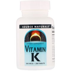 Витамин К, Vitamin K, Source Naturals, 500 мкг, 200 таблеток