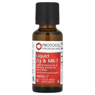 Вітаміни D3 та К-2 (MK-7), Liquid D3 & MK-7, Protocol for Life Balance, рідкі, 30 мл