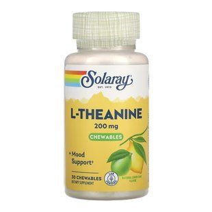 L-теанін з вітаміном B6, L-Theanine Chewables, Solaray, смак лимона і лайма, 200 мг, 30 жувальних таблеток