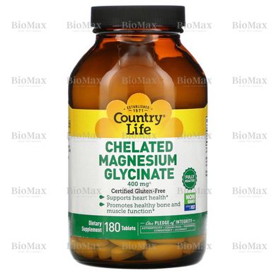 Магний глицинат, Chelated Magnesium Glycinate, Country Life, 400 мг, 180 таблеток