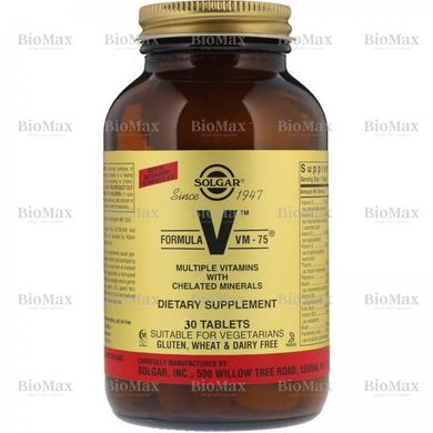 Мультивитамины с хелатными минералами, Formula V, VM-75, Solgar, 30 таблеток