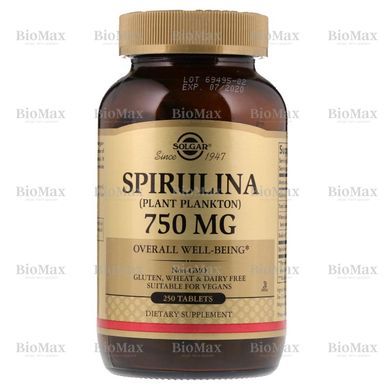 Спирулина, Spirulina, Solgar, 750 мг, 250 таблеток