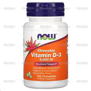 Вітамін Д3, Д-3, Vitamin D-3, Now Foods, м'ята, 5000 МО, 120 жувальних таблеток