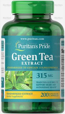 Зелений чай, Green Tea, Puritan's Pride, стандартизований екстракт, 315 мг, 200 капсул