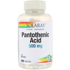 Пантотеновая кислота, Pantothenic Acid, Solaray, 500 мг, 250 вегетарианских капсул