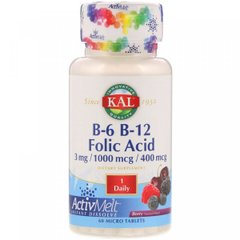 Витамин B12 + B6 фолиевая кислота, B-6 B-12 Folic Acid, KAL, 60 таблеток