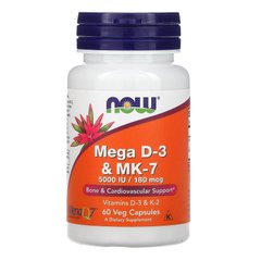 Витамин Д3 и МК-7, Mega D-3 & MK-7, Now Foods, 5000 МЕ / 180 мкг, 60 капсул