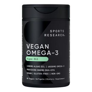 Веганська омега-3 з олії водоростей, Vegan Omega-3, Sports Research, 1400 мг, 60 вегетаріанських гелевих капсул