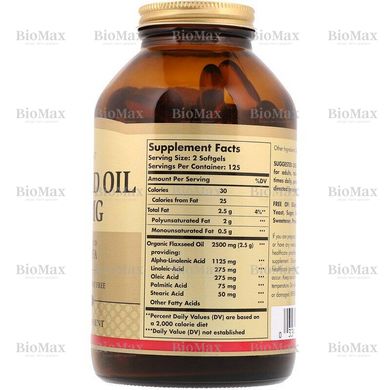 Лляна олія, Flaxseed Oil, Solgar, 1250 мкг, 100 капсул