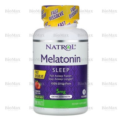 Мелатонін, Melatonin Fast Dissolve, Natrol, смак клубники, 5 мг, 150 таблеток