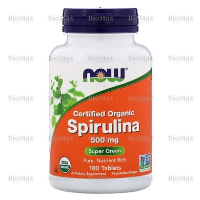 Спіруліна, Spirulina, Now Foods, сертифікована, 500 мг, 180 таблеток