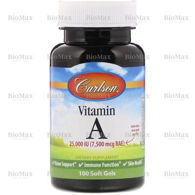 Вітамін A, Vitamin A, Carlson Labs, 25000 МО, 100 капсул